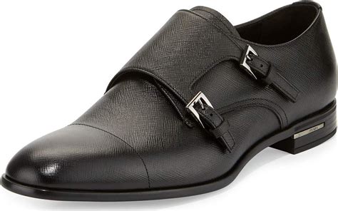 bukoos prada black leather double monk shoes|Prada Saffiano Leather Double.